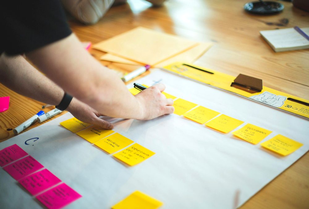 Agile planning board with sticky notes being arranged